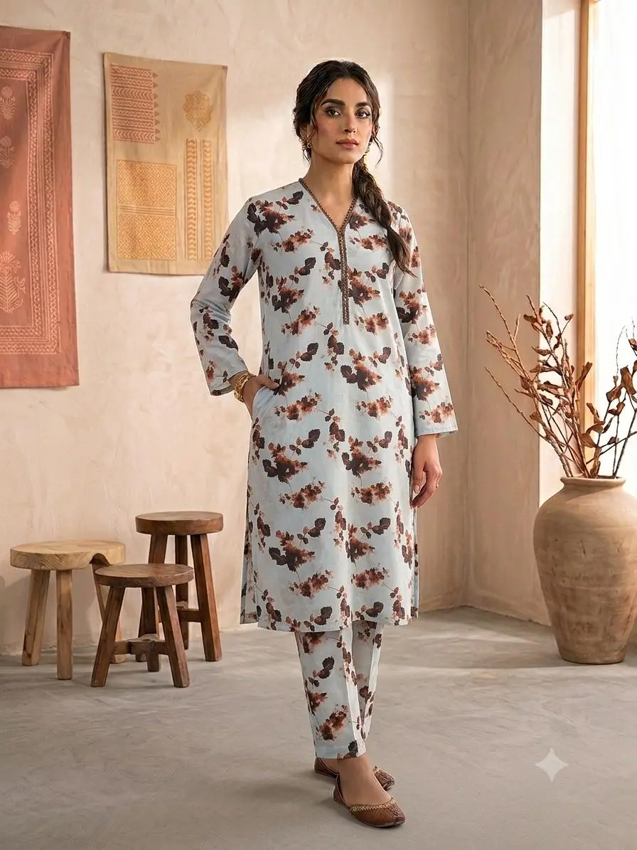 2 Pcs Women's Stitched Lawn Printed Shirt And Trouser