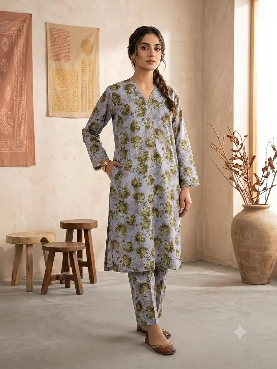2 Pcs Women's Stitched Lawn Printed Shirt And Trouser