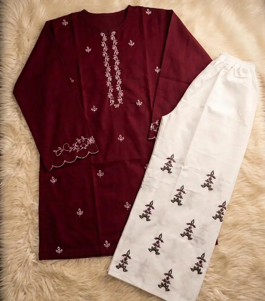 2 Pcs Women's Stitched Chiffon Embroidered Shirt And Trouser