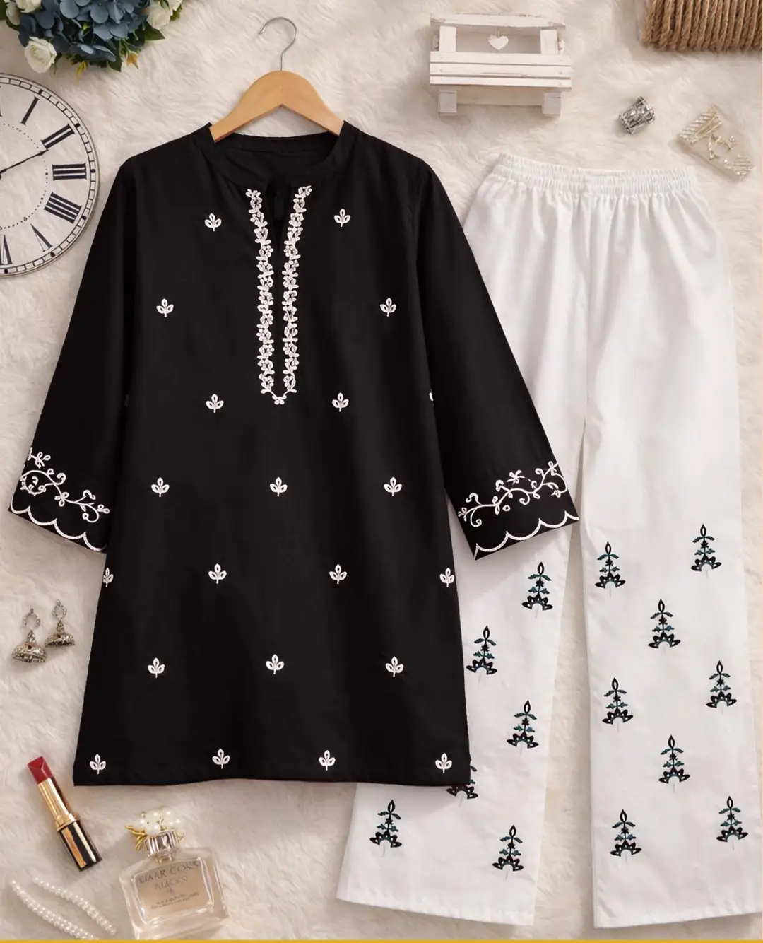 2 Pcs Women's Stitched Chiffon Embroidered Shirt And Trouser