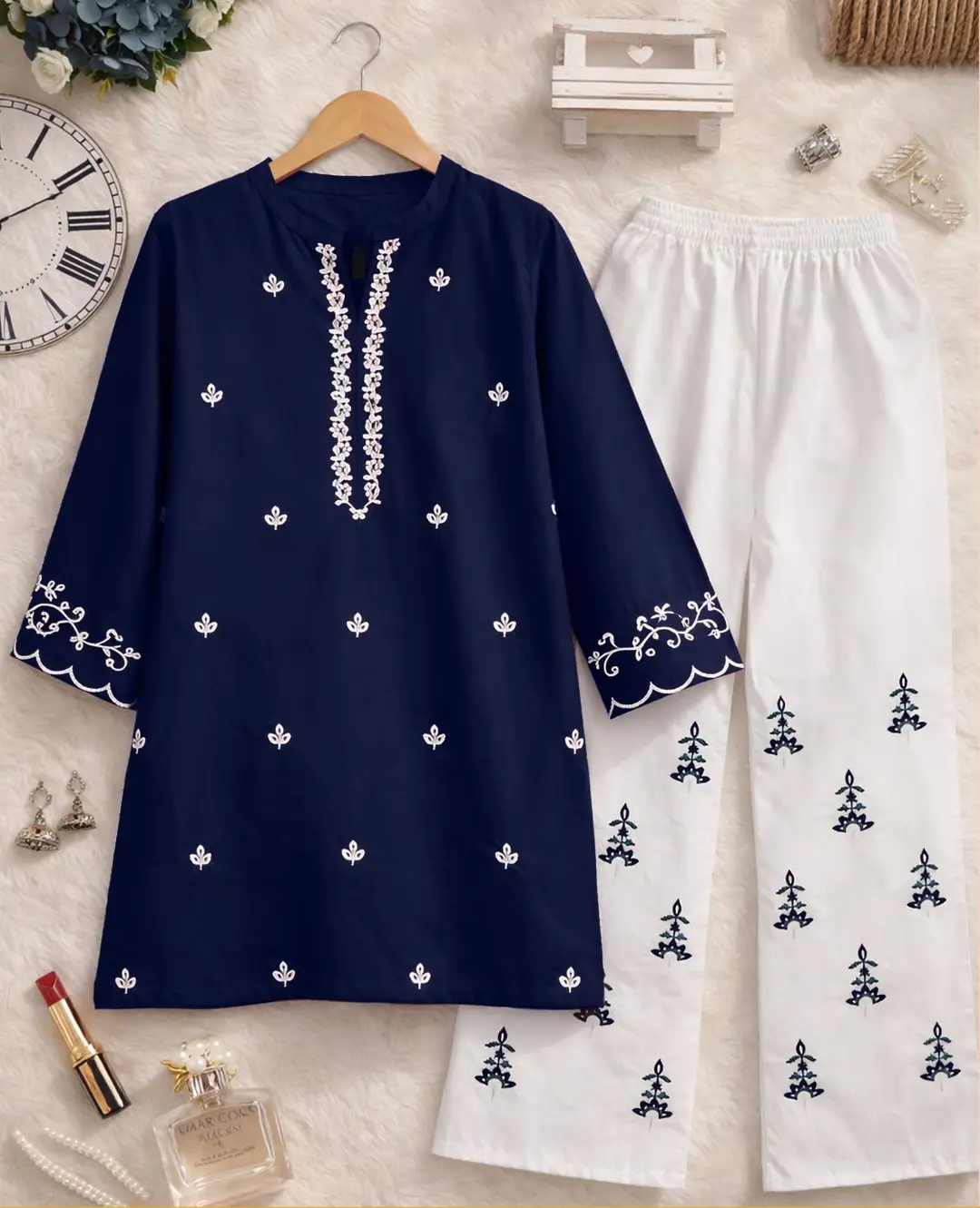 2 Pcs Women's Stitched Chiffon Embroidered Shirt And Trouser