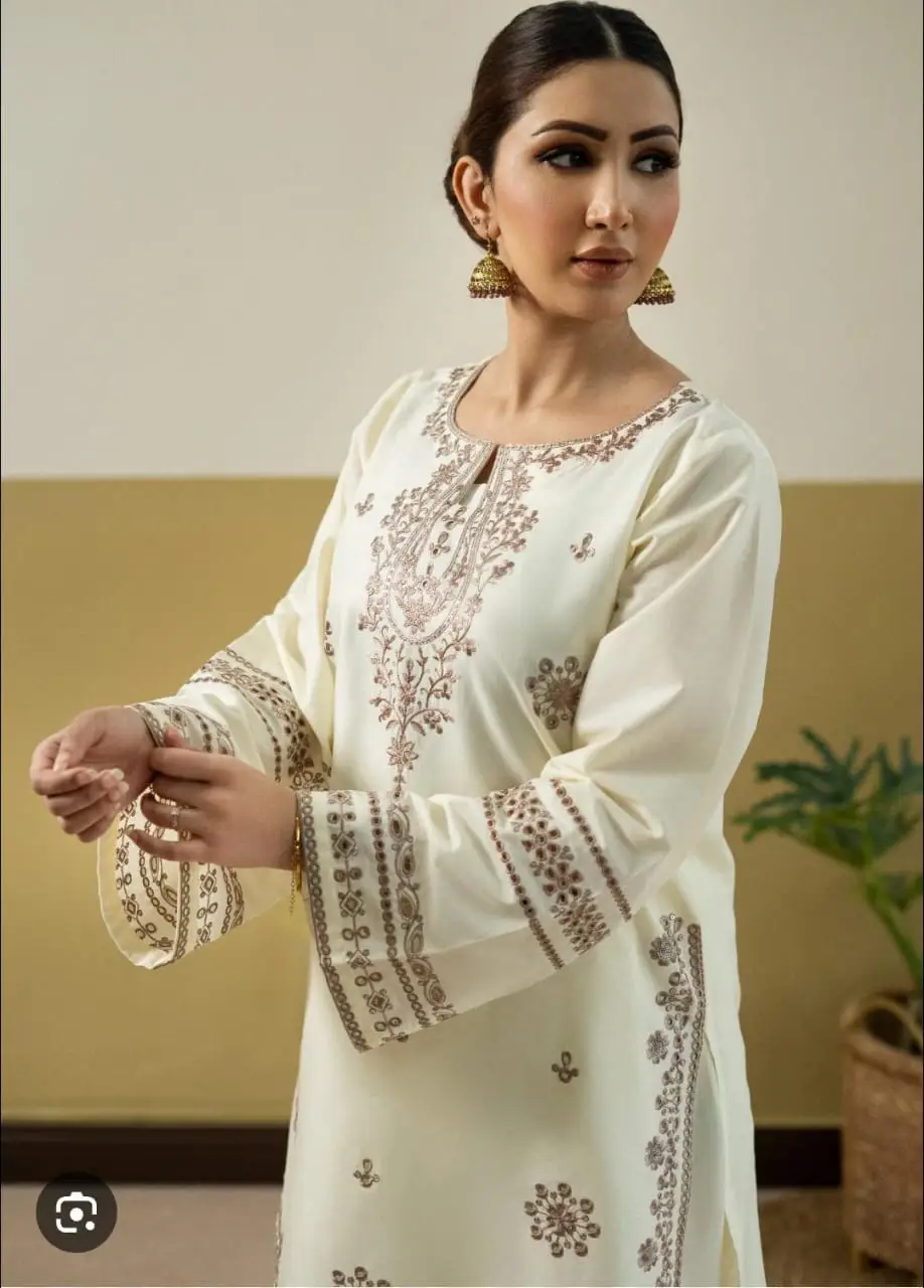 2 Pcs Women's Stitched Cotton Embroidered Shirt And Trouser