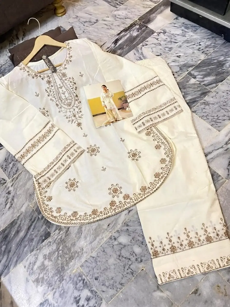 2 Pcs Women's Stitched Cotton Embroidered Shirt And Trouser