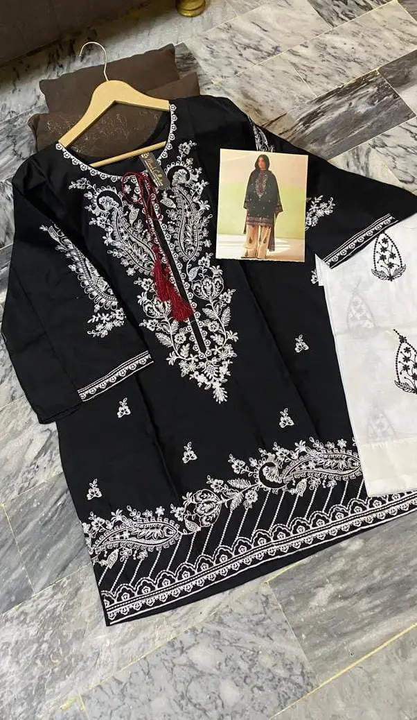 2 Pcs Women's Stitched Cotton Embroidered Shirt And Trouser