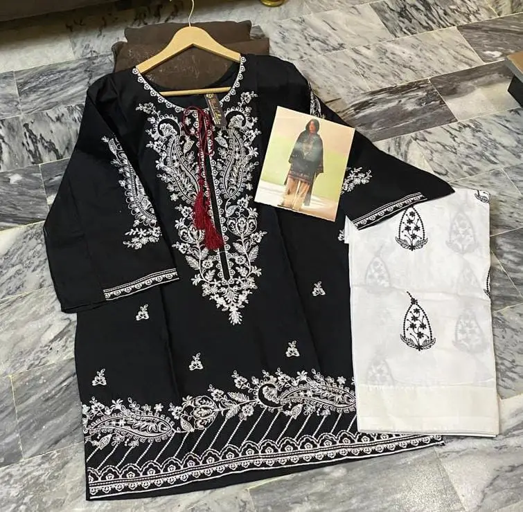 2 Pcs Women's Stitched Cotton Embroidered Shirt And Trouser