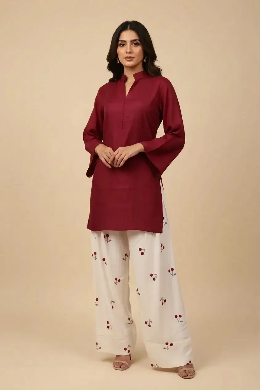 2 Pcs Women's Stitched Cotton Plain Shirt And Trouser