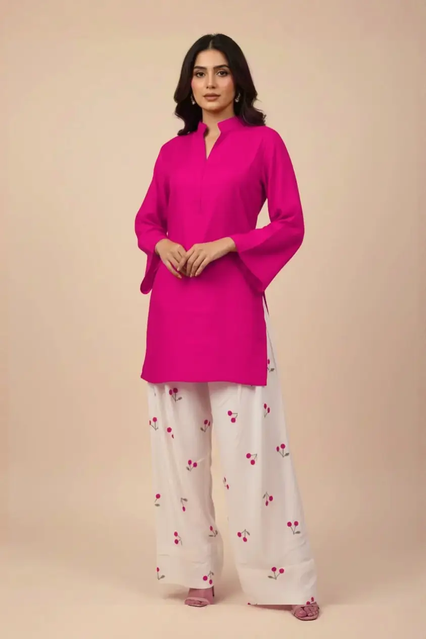 2 Pcs Women's Stitched Cotton Plain Shirt And Trouser