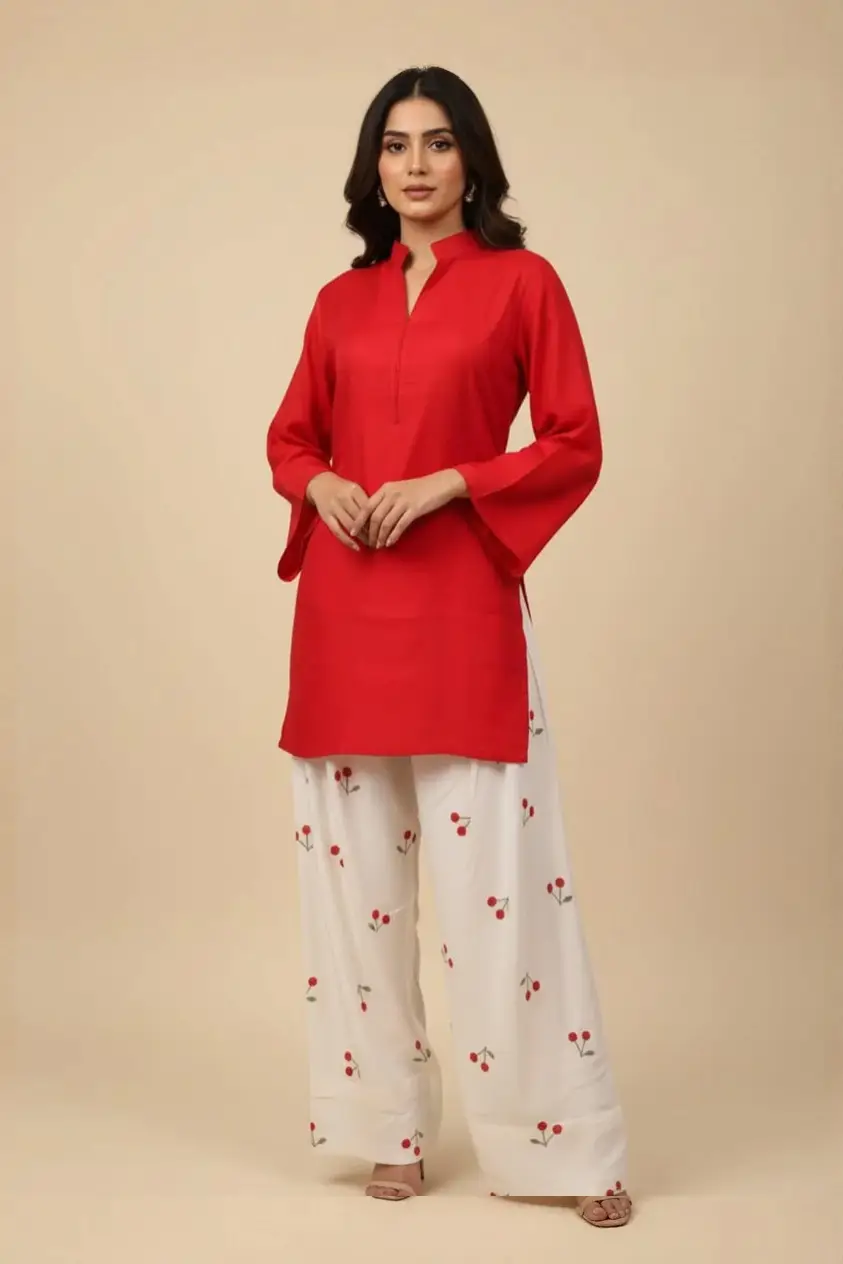 2 Pcs Women's Stitched Cotton Plain Shirt And Trouser