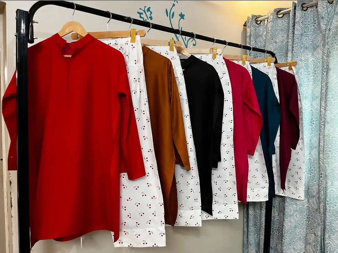 2 Pcs Women's Stitched Cotton Plain Shirt And Trouser