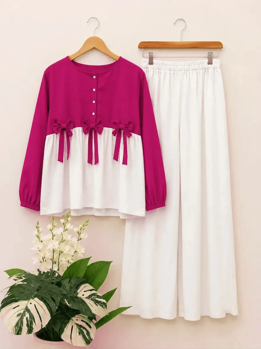 2 Pcs Women's Stitched Cotton Plain Shirt And Trouser