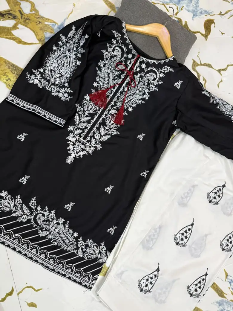 2 Pcs Women's Stitched Cotton Embroidered Shirt And Trouser