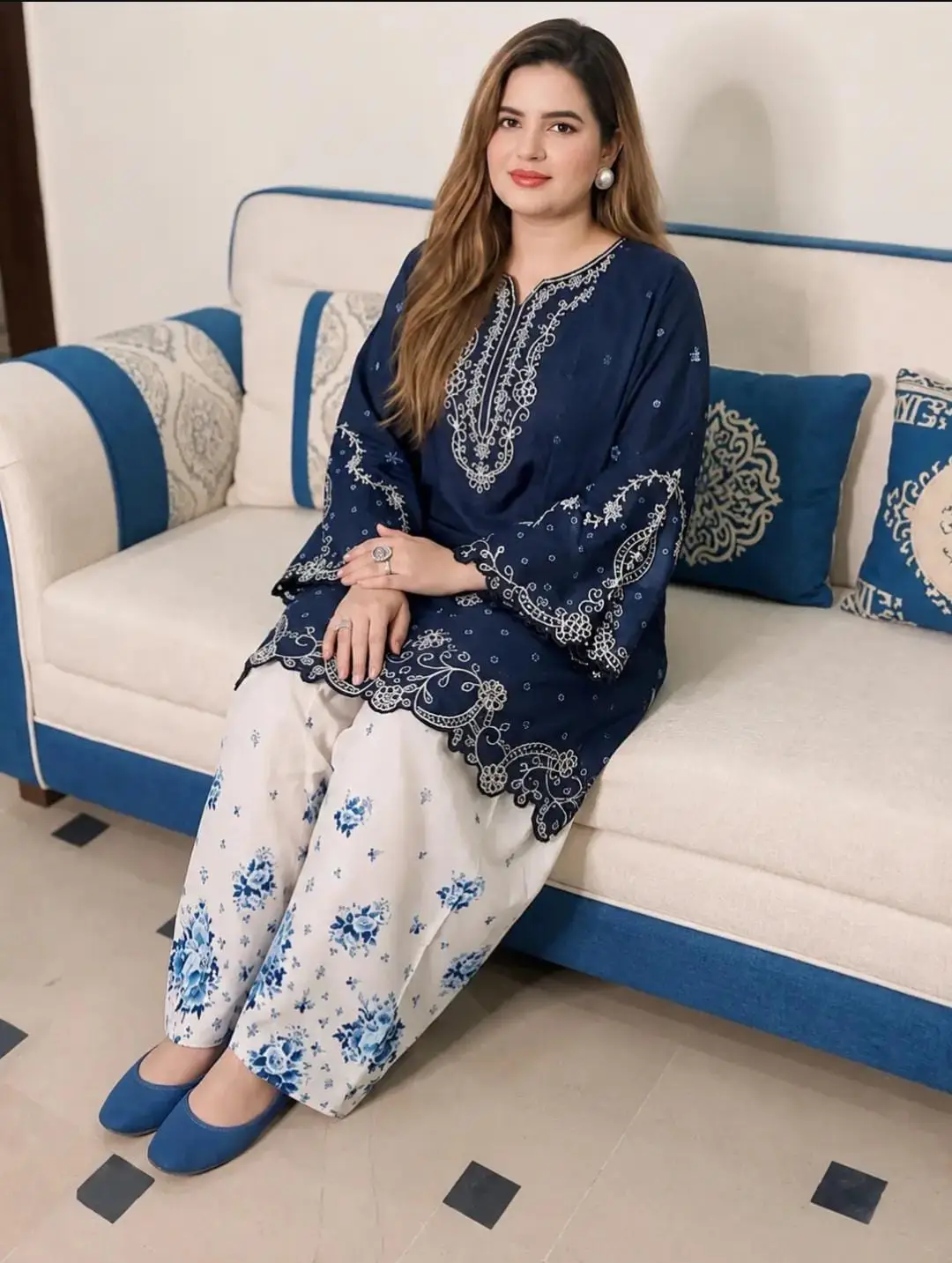 2 Pcs Women's Stitched Cotton Embroidered Shirt And Trouser