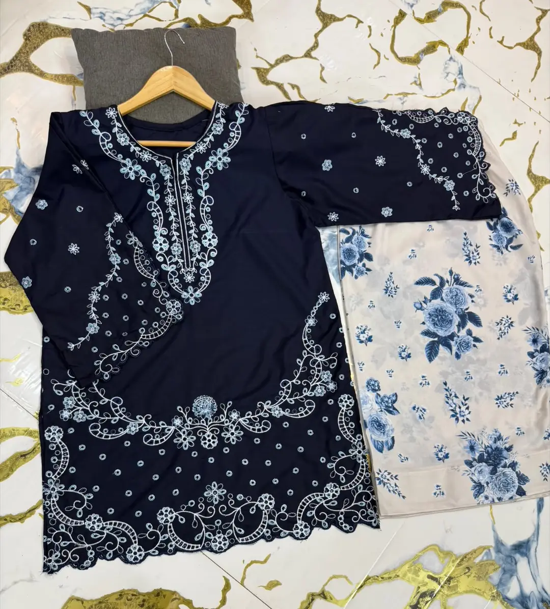 2 Pcs Women's Stitched Cotton Embroidered Shirt And Trouser