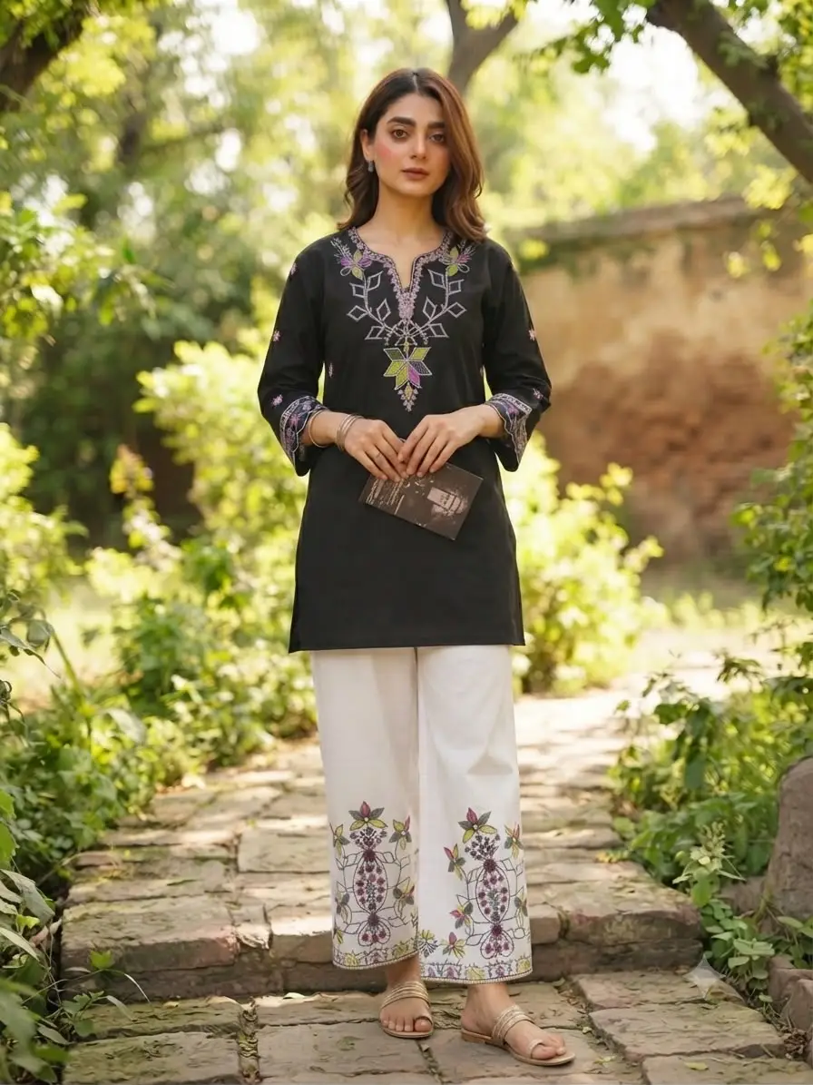 2 Pcs Women's Stitched Cotton Embroidered Shirt And Trouser