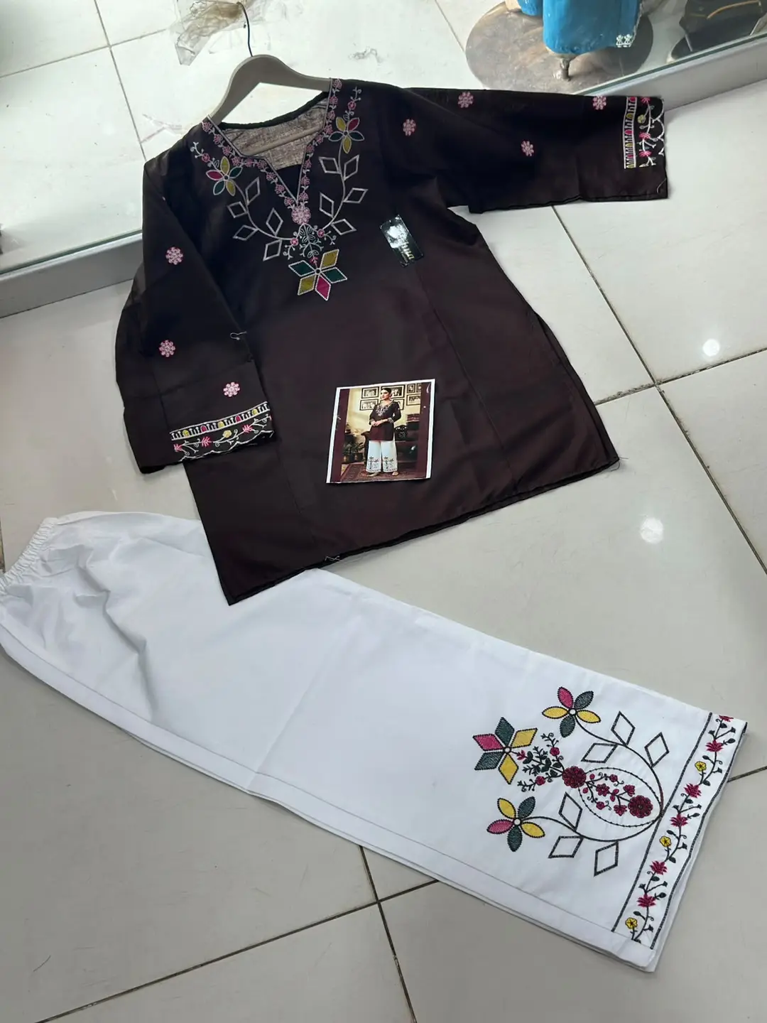 2 Pcs Women's Stitched Cotton Embroidered Shirt And Trouser