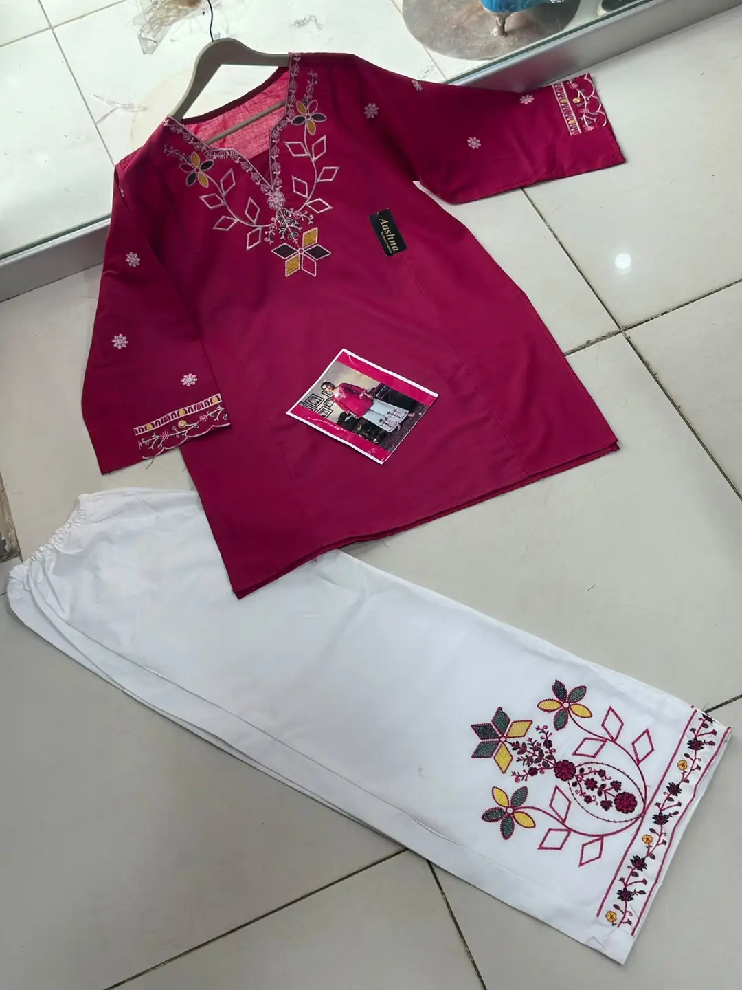2 Pcs Women's Stitched Cotton Embroidered Shirt And Trouser