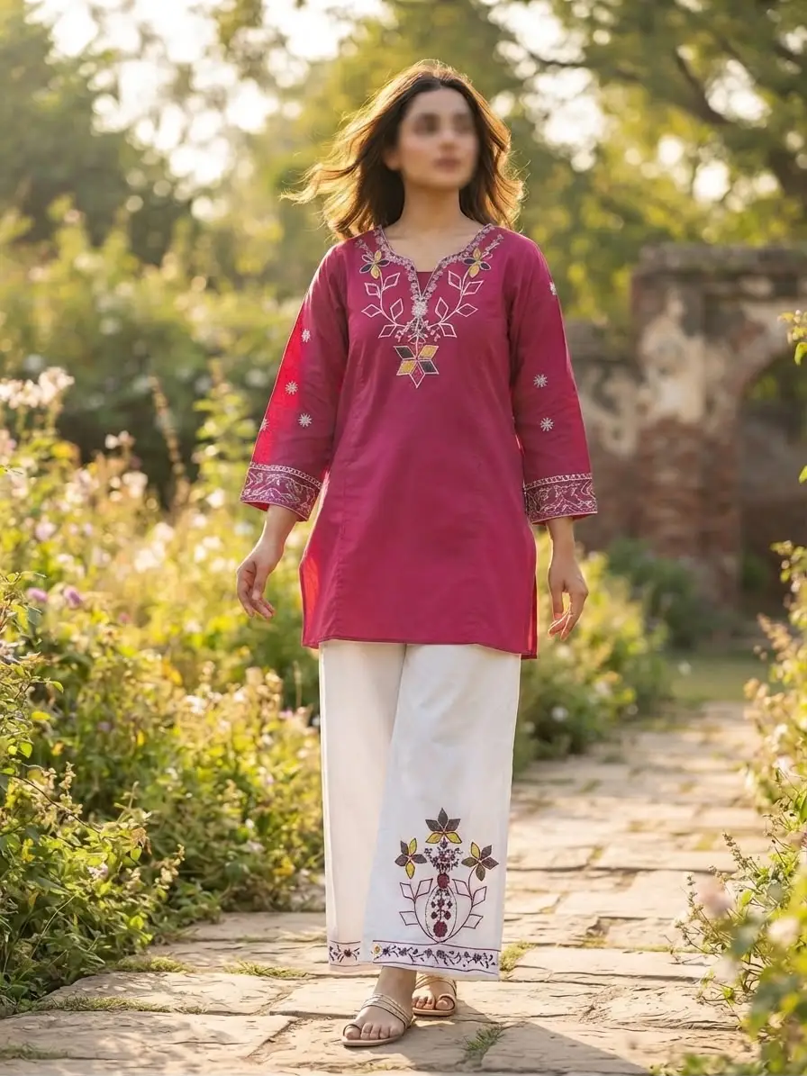 2 Pcs Women's Stitched Cotton Embroidered Shirt And Trouser