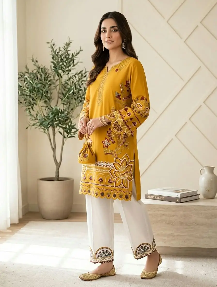 2 Pcs Women's Stitched Cotton Embroidered Shirt And Trouser