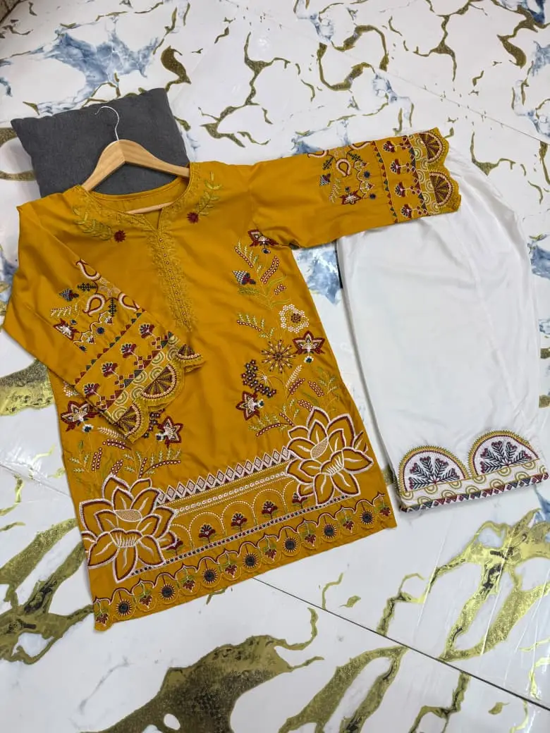2 Pcs Women's Stitched Cotton Embroidered Shirt And Trouser