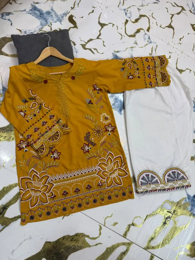 2 Pcs Women's Stitched Cotton Embroidered Shirt And Trouser