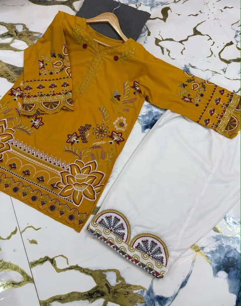 2 Pcs Women's Stitched Cotton Embroidered Shirt And Trouser
