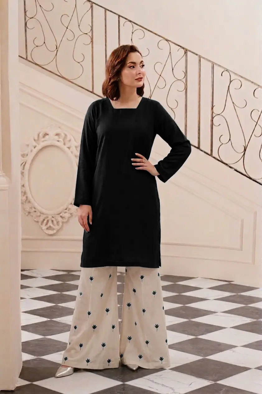 2 Pcs Women's Stitched Linen Embroidered Shirt And Trouser