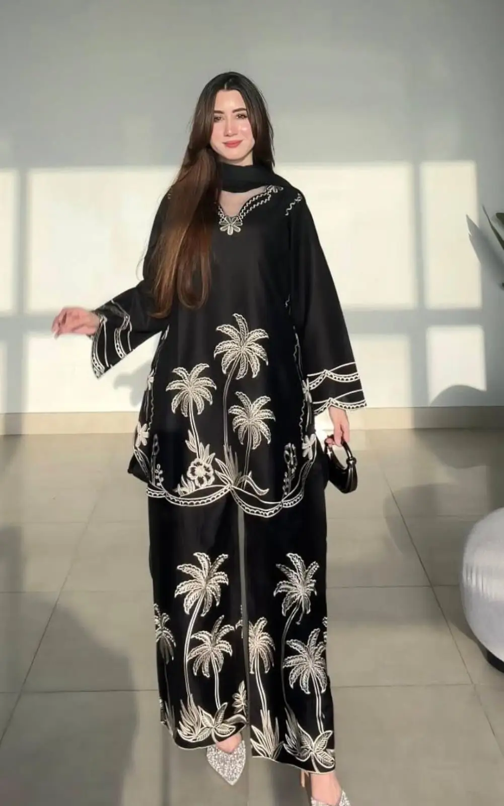 2 Pcs Women's Stitched Cotton Embroidered Shirt And Trouser