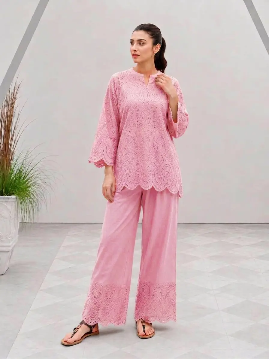 2 Pcs Women's Stitched Cotton Chikankari Embroidered Shirt And Trouser