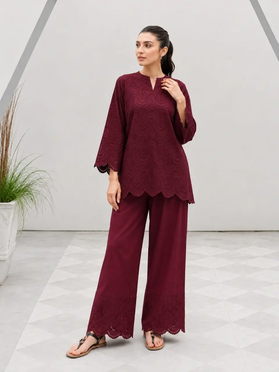 2 Pcs Women's Stitched Cotton Chikankari Embroidered Shirt And Trouser