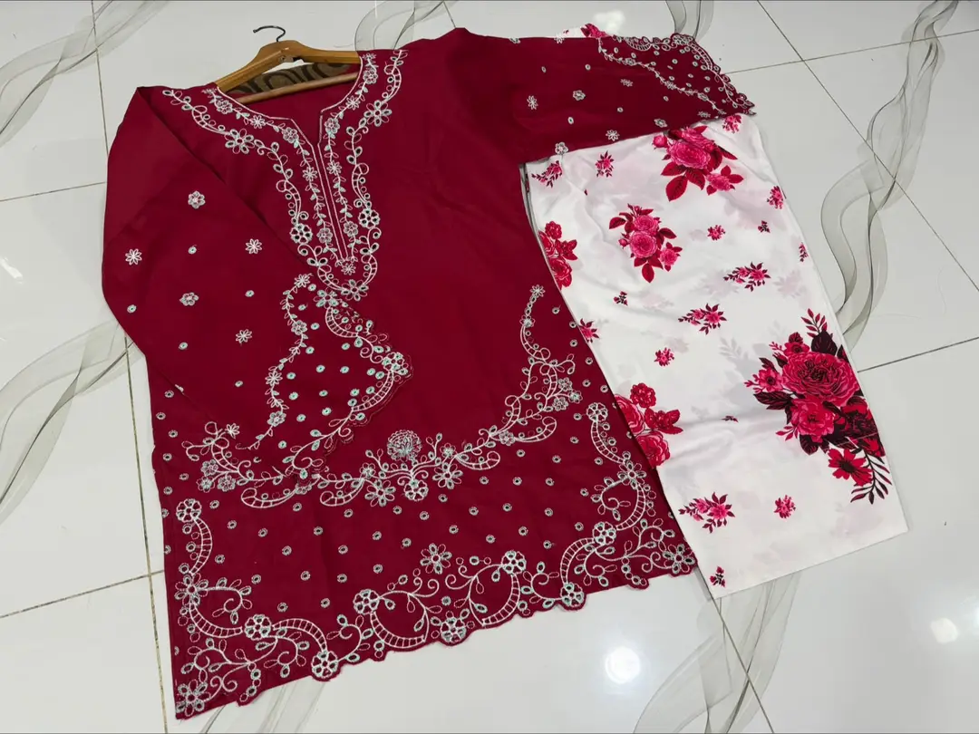 2 Pcs Women's Stitched Cotton Embroidered Shirt And Trouser