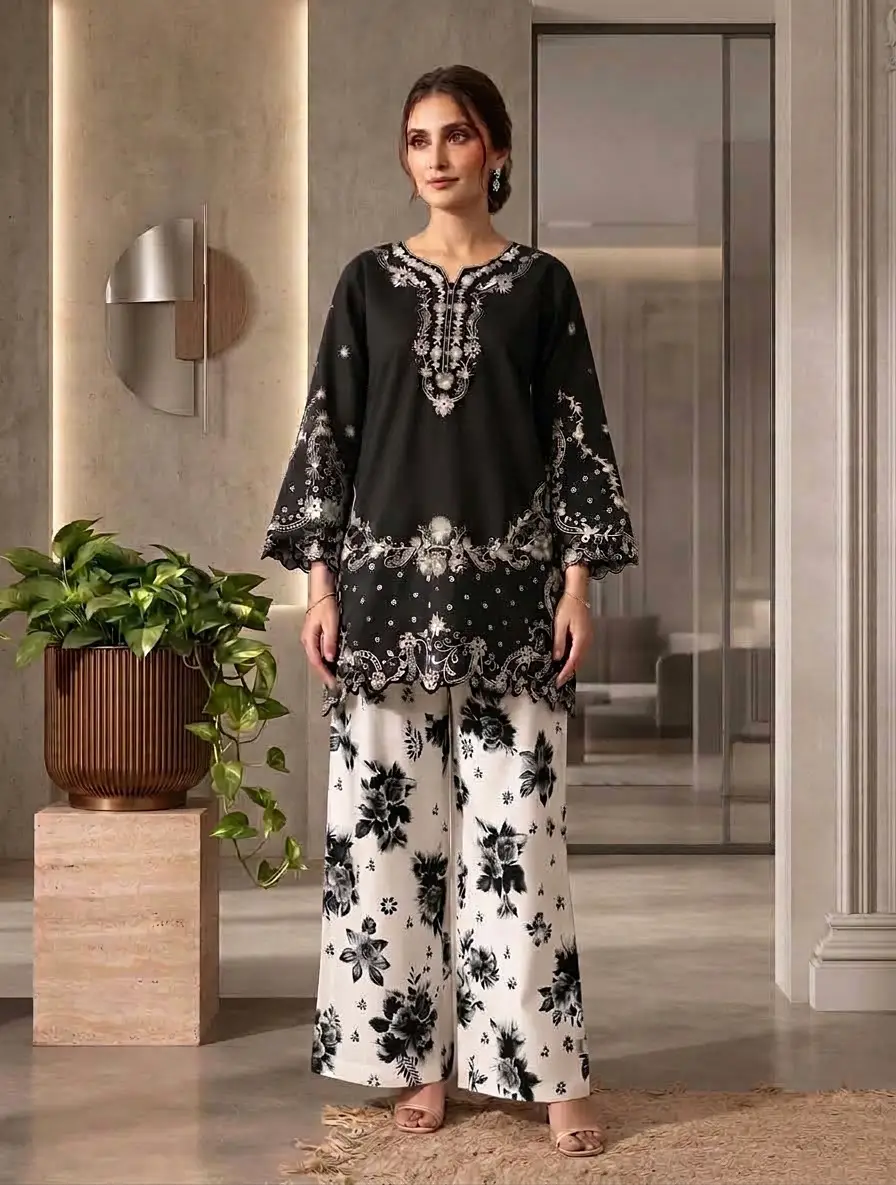 2 Pcs Women's Stitched Cotton Embroidered Shirt And Trouser
