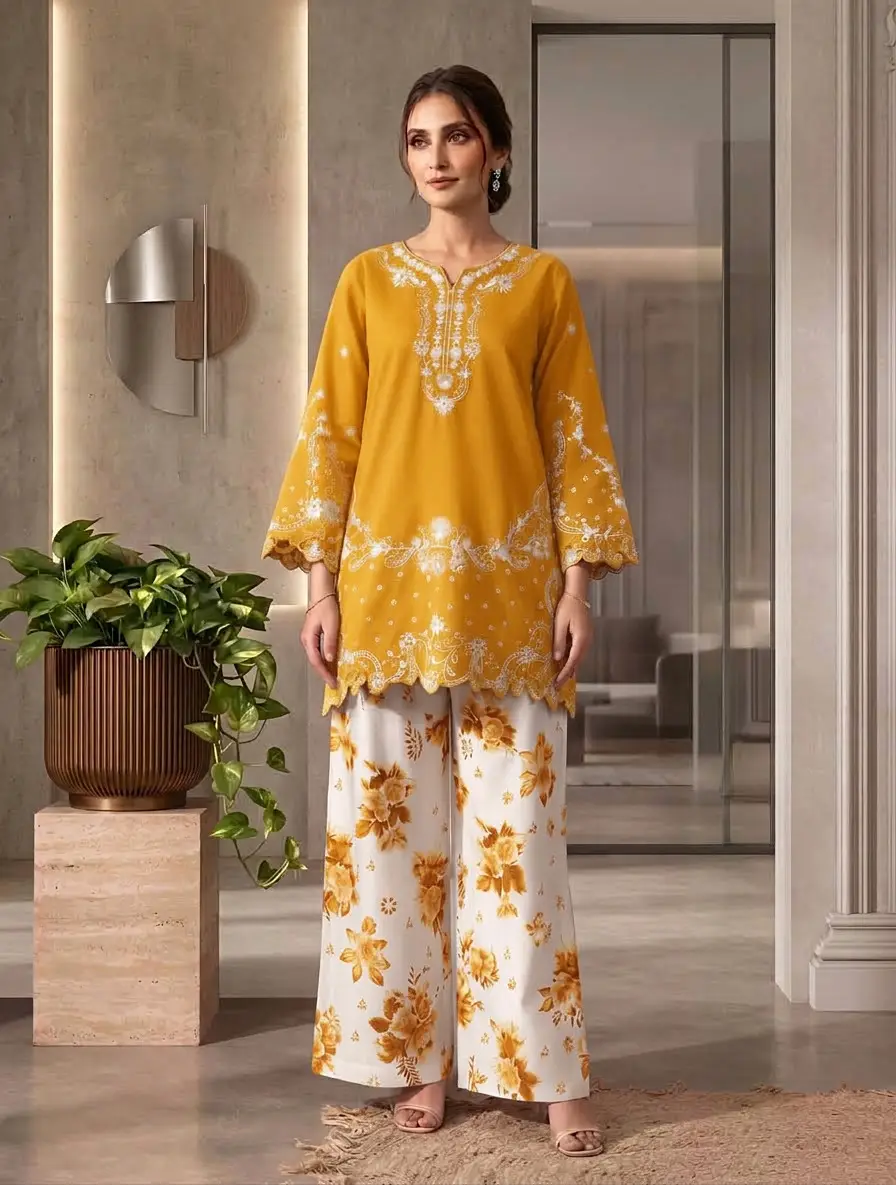 2 Pcs Women's Stitched Cotton Embroidered Shirt And Trouser