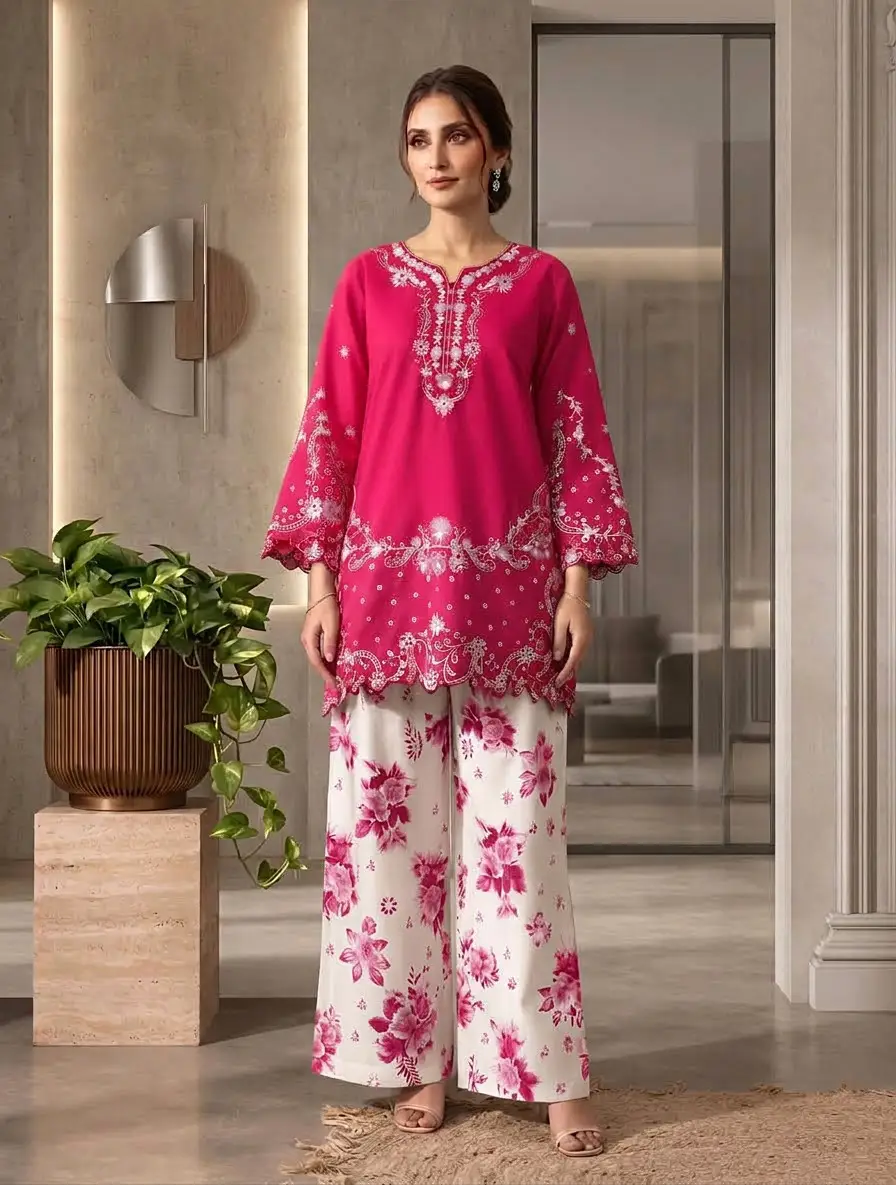 2 Pcs Women's Stitched Cotton Embroidered Shirt And Trouser