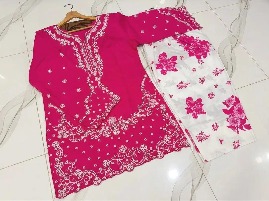 2 Pcs Women's Stitched Cotton Embroidered Shirt And Trouser