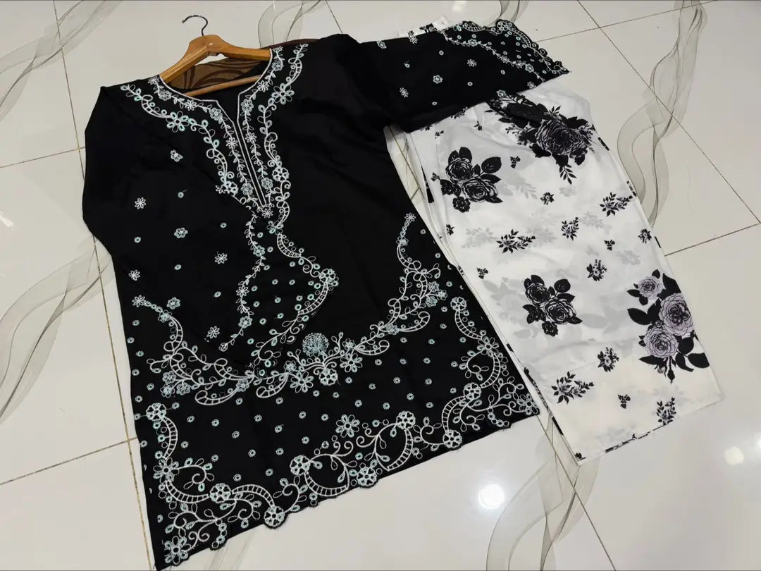 2 Pcs Women's Stitched Cotton Embroidered Shirt And Trouser