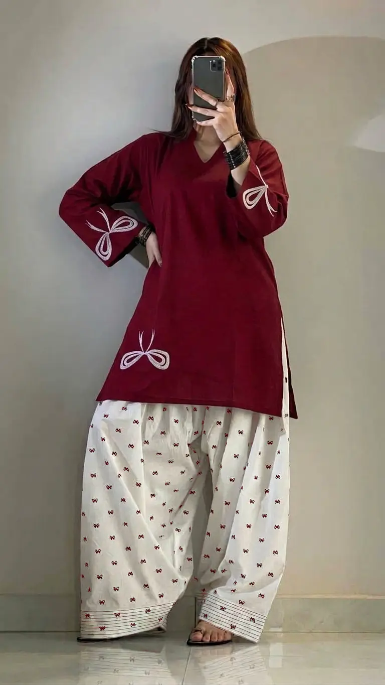 2 Pcs Women's Stitched Cotton Embroidered Shirt And Trouser