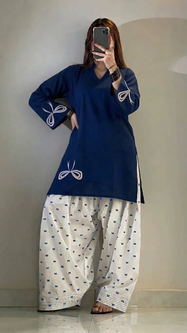 2 Pcs Women's Stitched Cotton Embroidered Shirt And Trouser