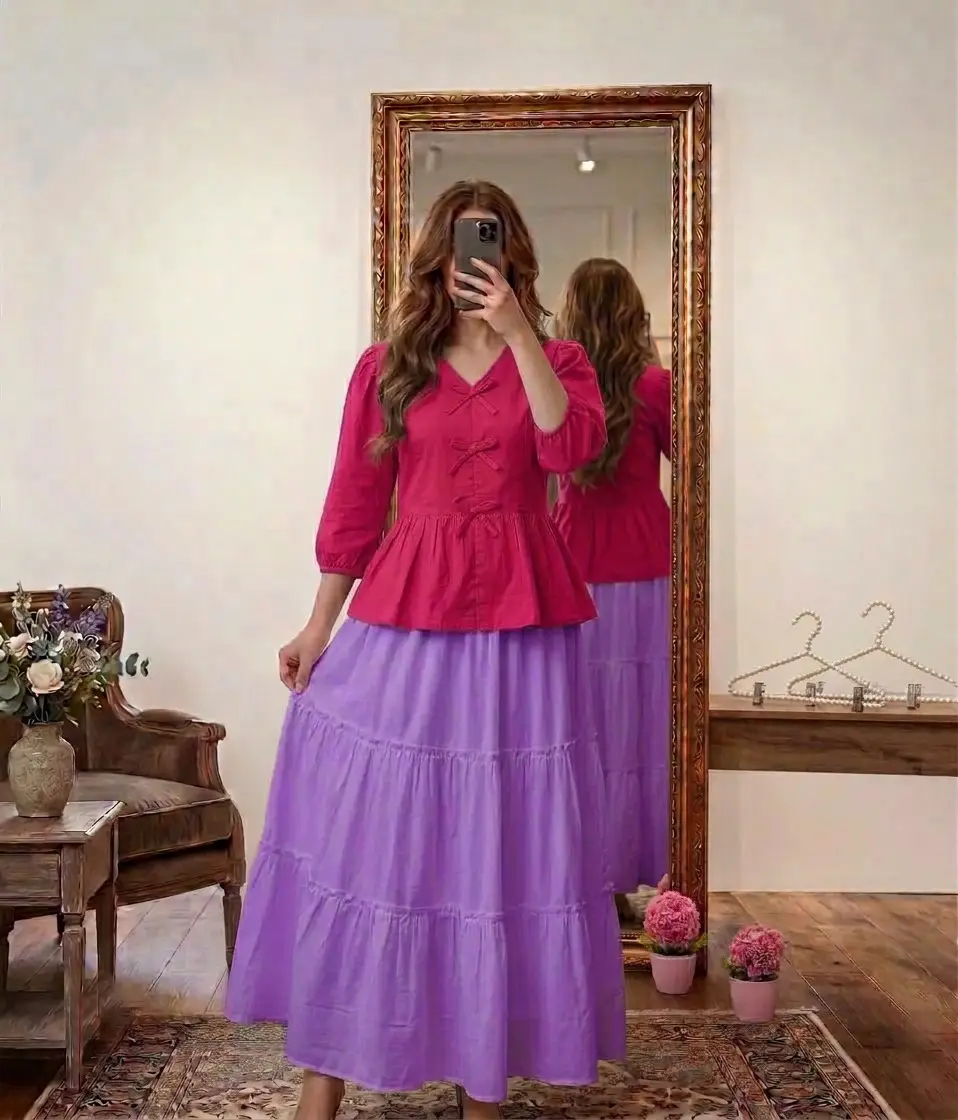 2 Pcs Women's Stitched Cotton Plain Co-Ord Set