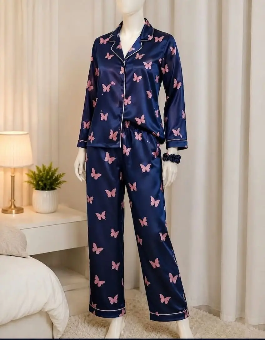 2 Pcs Women's Stitched Silk Printed Night Suit