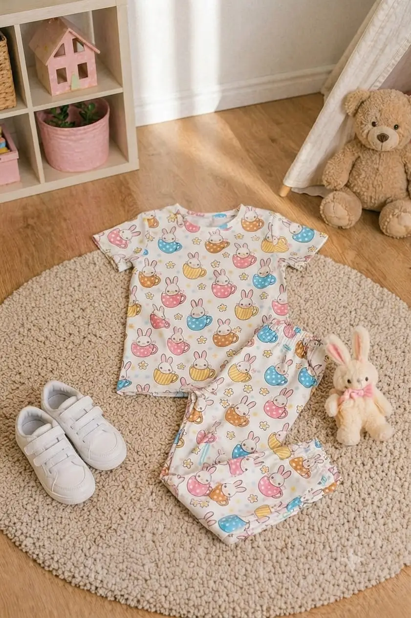 2 Pcs Girl's Stitched Jersey Printed Pajama And Shirt