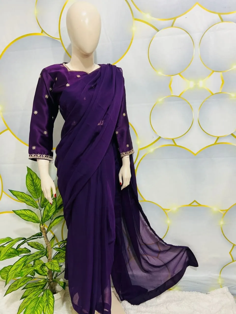 Purple Star Embroidered Chiffon Saree Set