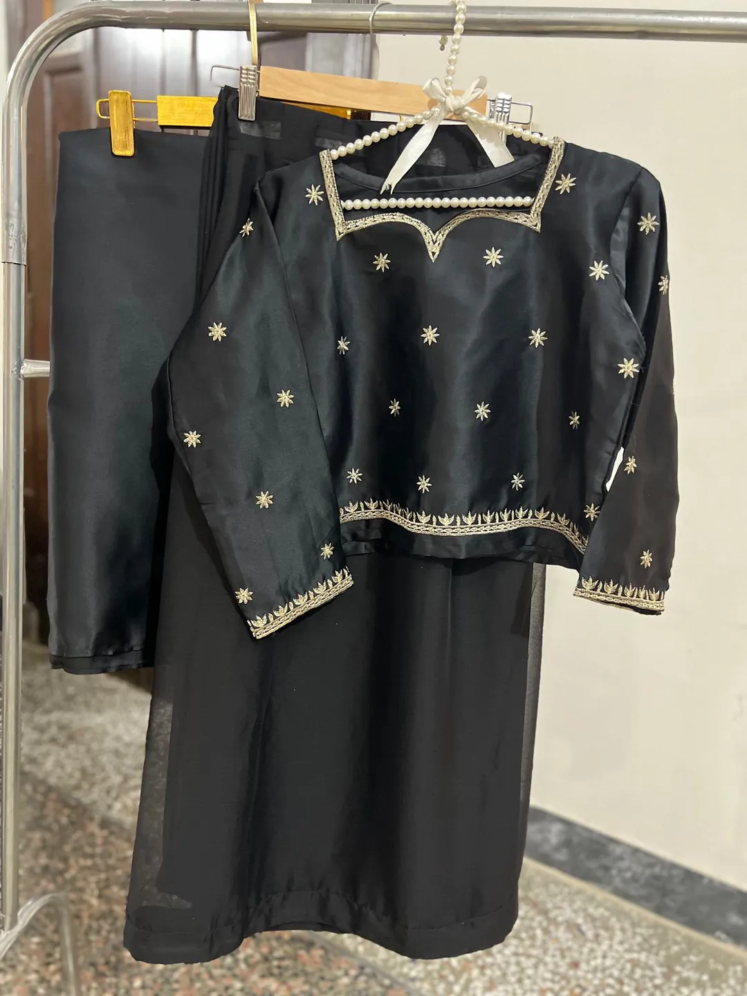 Black Star Embroidered Chiffon Saree Set for Women