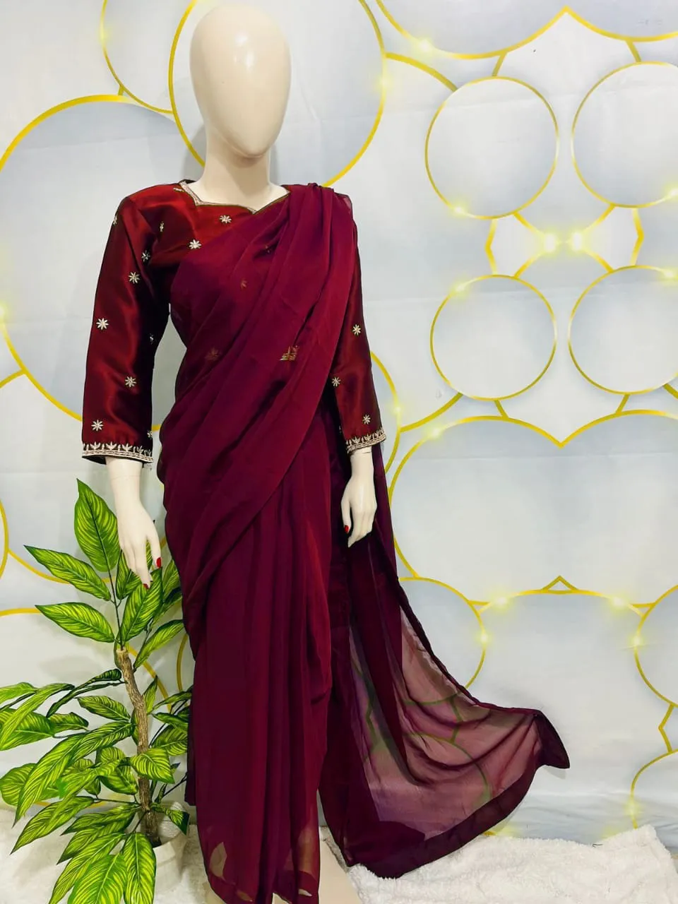 Maroon Embroidered Chiffon Saree Set for Women