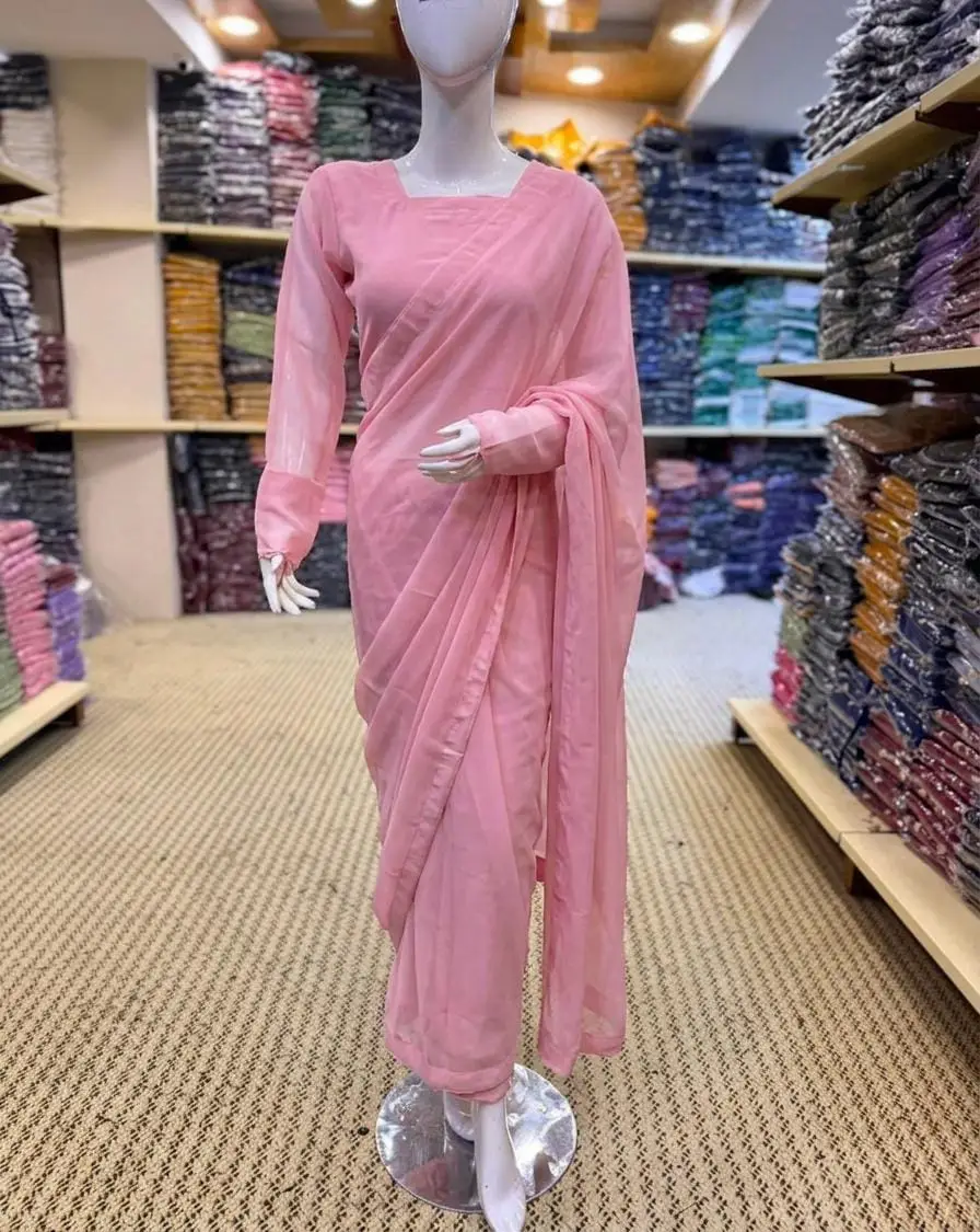3 Pcs Women’s Chiffon Plain Stitched Saree