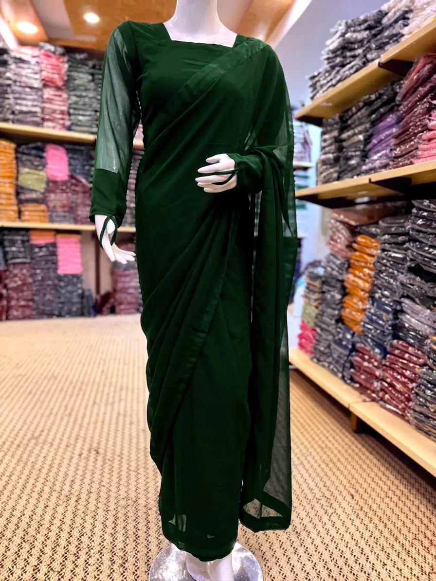 3 Pcs Women’s Chiffon Plain Stitched Saree