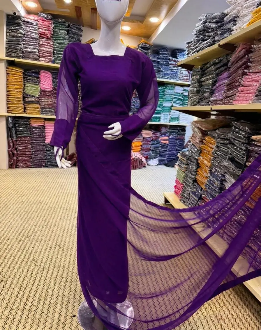 3 Pcs Women’s Chiffon Plain Stitched Saree