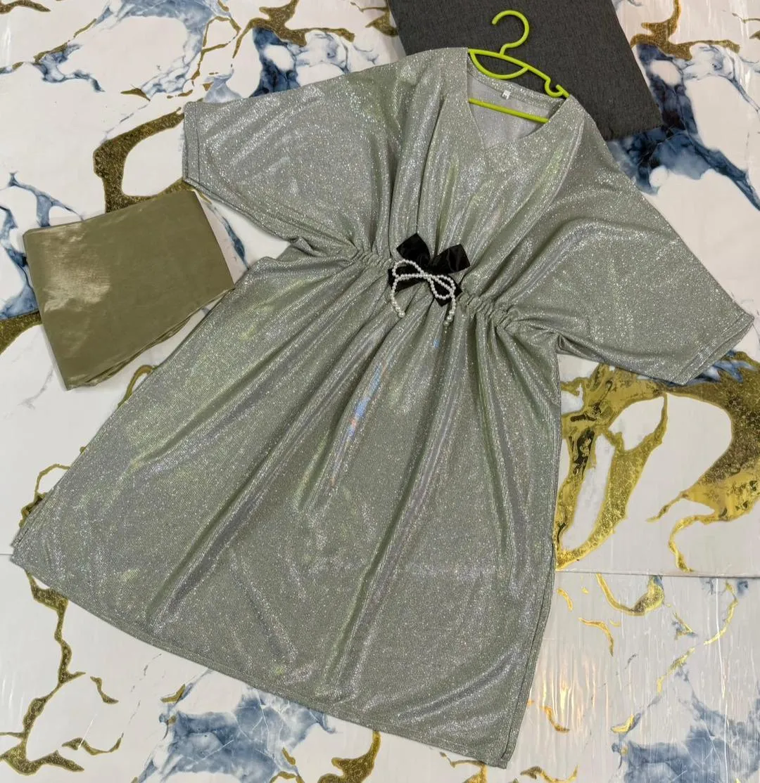 Girls Green Frock Trouser Set with Bow for Eid Independence Day