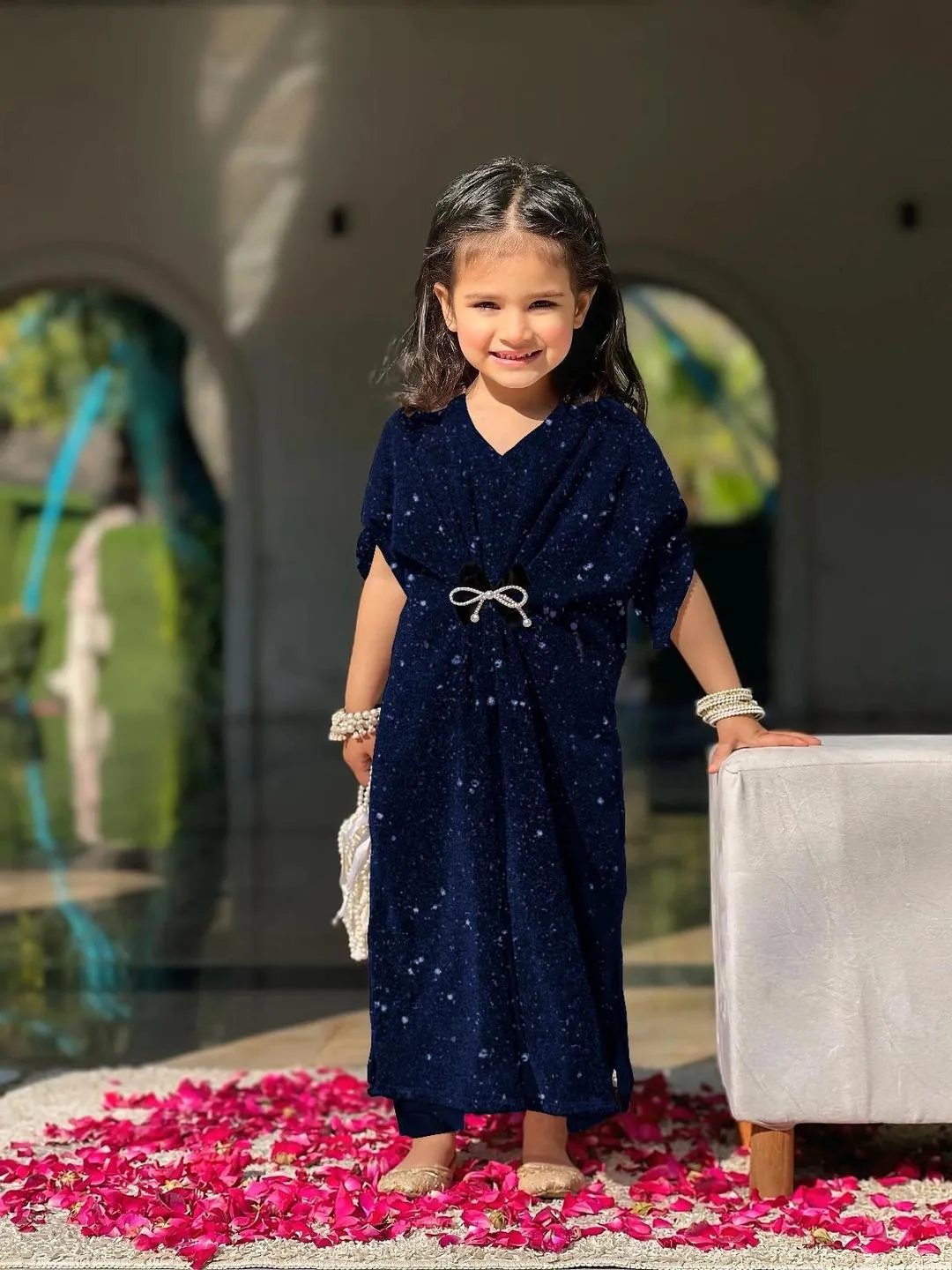Blue Textured Kids Frock Set for Girls 5-12 Years