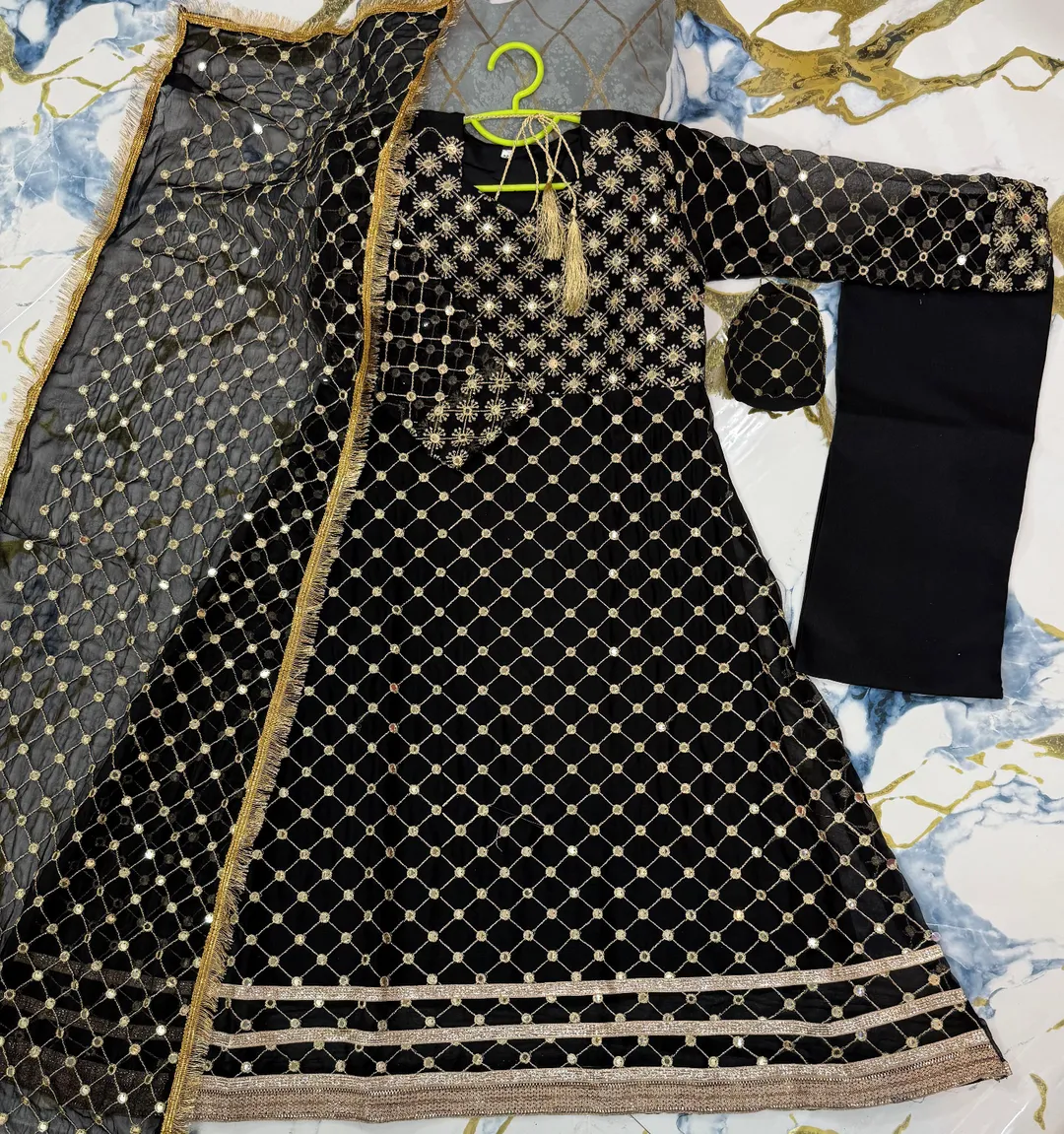 Kids Black Lace Work Maxi Set 4Pcs With Dupatta