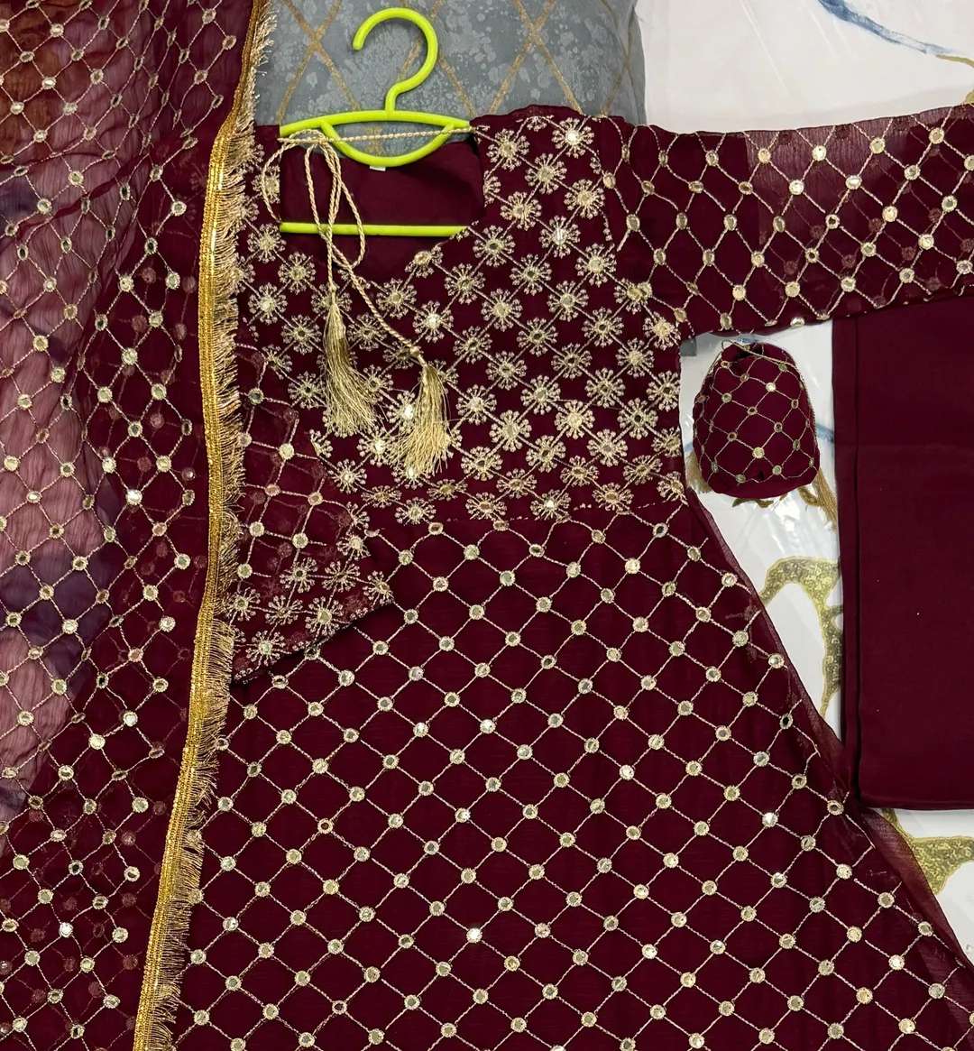 Kids Red Lace Work Maxi Set 4Pcs With Dupatta